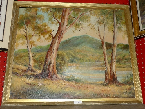 An oil on board of a lakeside scene by Lola Rose