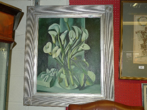 An oil on canvas of lilies within silver frame