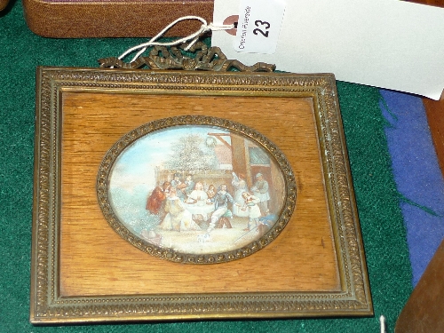 A miniature on ivory of family scene in ormolu frame