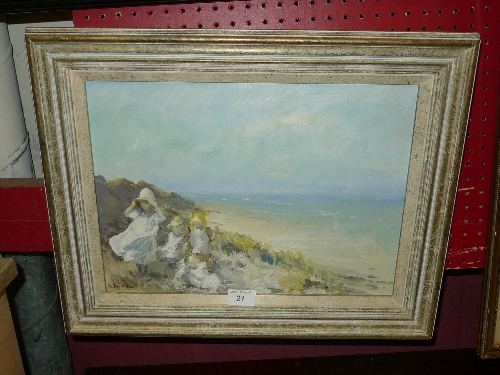 An oil on canvas of young girls at the beach signed Paul Brown
