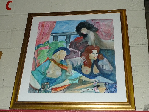 A Harried Jameson Pellizzari watercolour of topless ladies relaxing