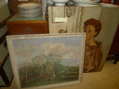 An oil on board tree lined forest and an oil on board portrait of a woman