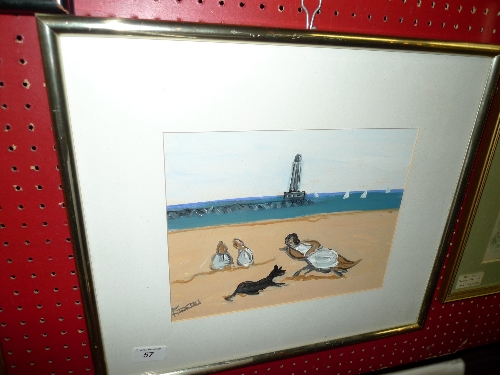 A gouache titled `On The Beach` signed T Crosby