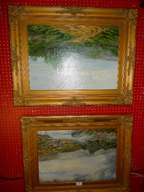 A pair of oils on canvas of a river scene and country landscape in ornate gilt frames