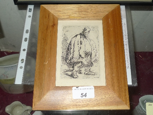 An early mid-C19th etching after Rembrandt  a stout Man in a large cloak with a reference library of