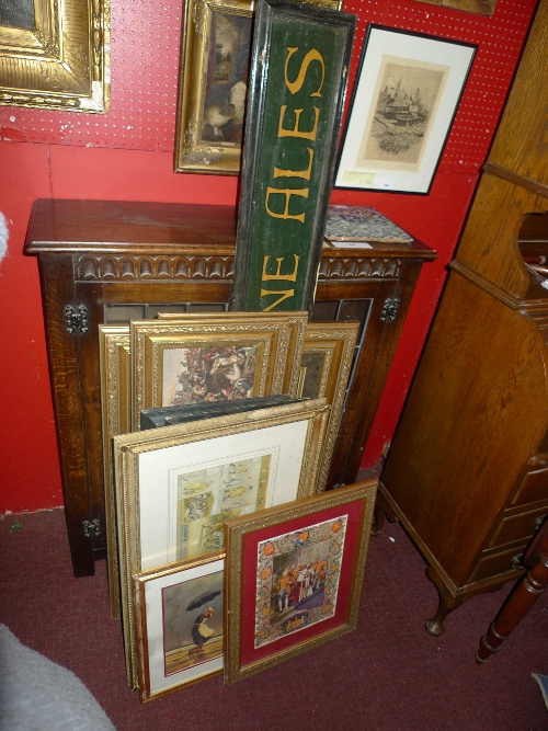 A collection of eight framed prints together with a `Simonds Fine Ales` pub sign