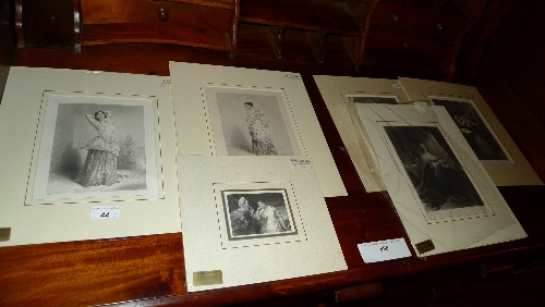 A collection of six mounted but unframed antique prints, mainly of ladies