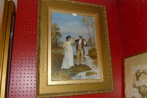 A painting of a courting couple beside a fast flowing stream