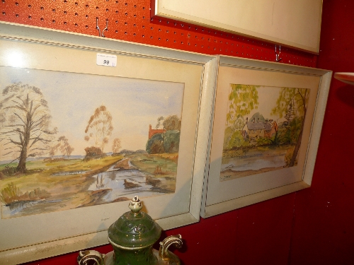 Two watercolours by Hensher one of a country riverside the other Walton on the Hill Surrey