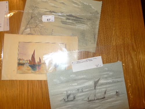 A group of three unframed seascapes including a watercolour and two pencil studies