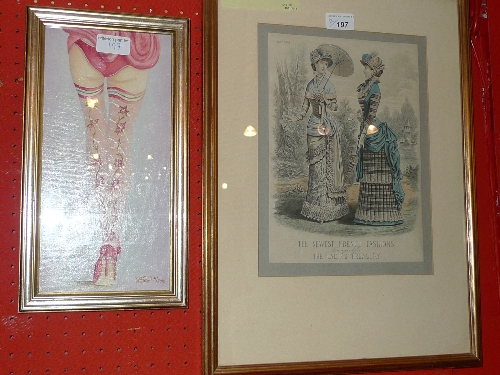 A glazed and framed French costume design and a saucy painting of ladies stockings (2)