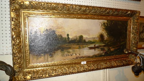 An oil on board moonlit lake scene with ducks to the fore