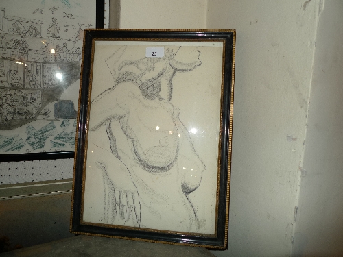 A charcoal drawing of a nude female torso glazed and framed