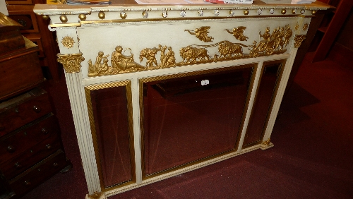 A Regency triple plate overmantle mirror with Classical scenes heightened in gilt