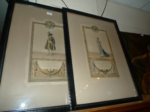 A pair of glazed and framed French costume designs