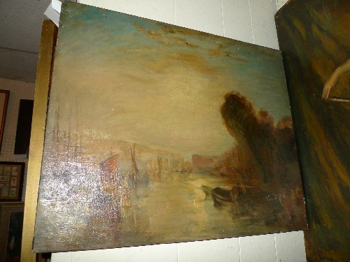 An early C19th romantic school unframed oil on canvas of a harbour scene