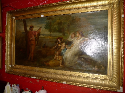 A C19th oil on canvas Scottish Colonist family listening to music in country setting in gilt frame