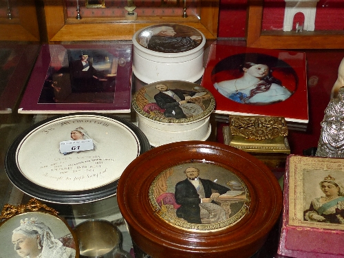 Four Queen Victoria pot lids a miniature portrait a silvered figure together with similar related