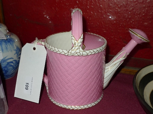 A Victorian white and pink ceramic watering can possibly Mintons