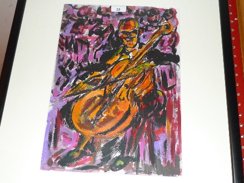 A mixed media on paper `Bass Player with Orchestra`