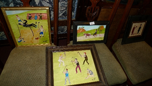 A collection of four naive paintings in the style of Lowry sporting and figure studies