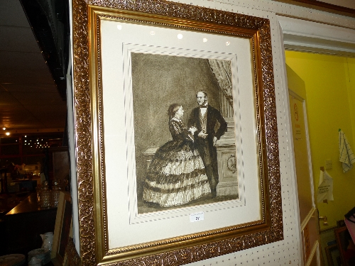 A watercolour of a middle aged Queen Victoria and Prince Albert glazed and framed