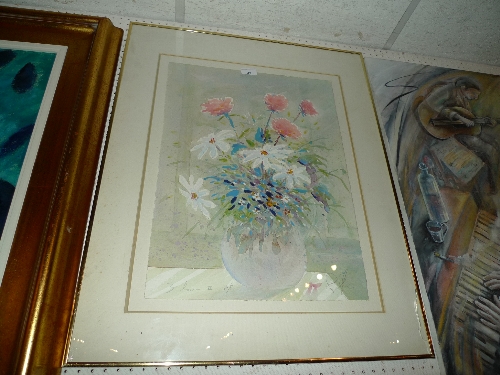 A watercolour still life study vase of brightly coloured flowers glazed and framed