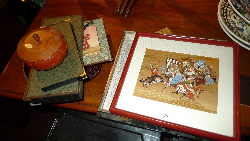 A collection of Japanese items including two miniature screens, two framed items and others