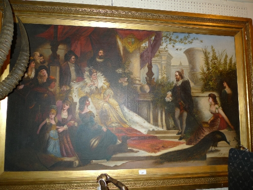 A C19th oil on canvas court scene of Queen Elizabeth and her courtiers in gilt frame J. L.