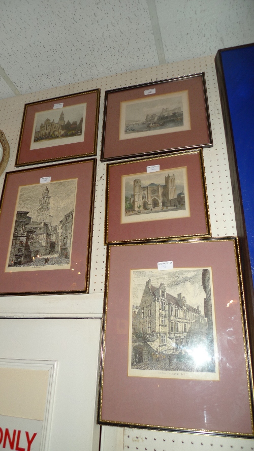 A set of five French engravings street scene and similar glazed and framed