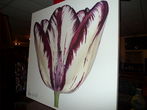 An unframed print on canvas of a flowerhead by British artist Peter Arnold signed