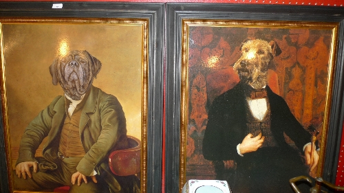 A pair of oleograph portraits of dogs suited and booted in ebonised frames