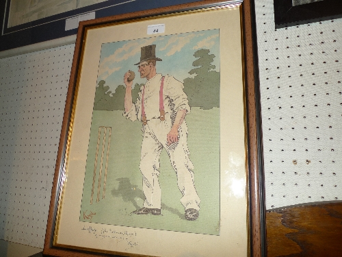 A coloured print of a vintage cricketer by Kyd framed and glazed