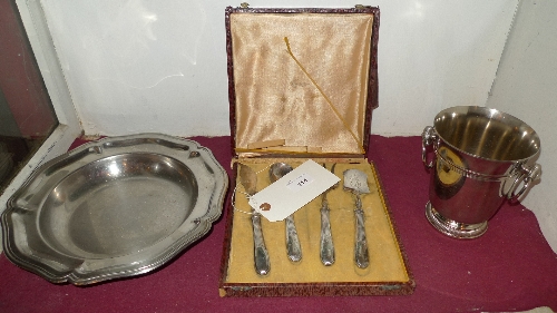 A cased set of Continental silver handled flatware together with a silver plated ice bucket and a