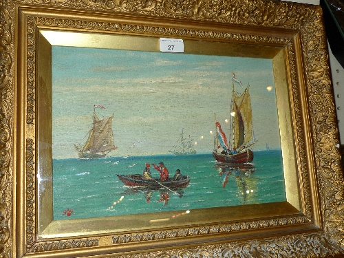 An oil on board seascape French fishing boats to the fore with sailing boats in the distance