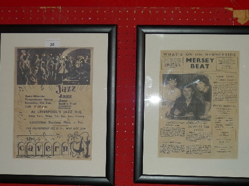 A pair of copies of paper cuttings `The Cavern` jazz club and `What`s on Merseyside`