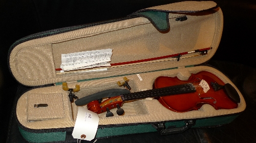 A new violin by Antoni with bow, travel case and wolf shoulder rest