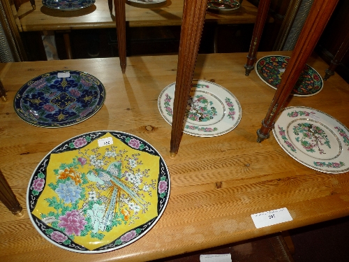 A Japanese  porcelain charger with image of an exotic bird, two Royal Doulton cabinet plates and two