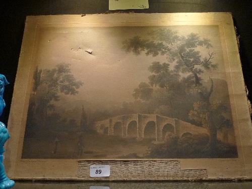 A C19th aquatint of bridge over river with inscription verso