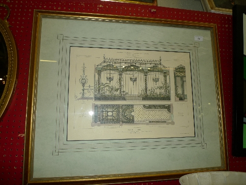 A French coloured print architectural study framed and glazed