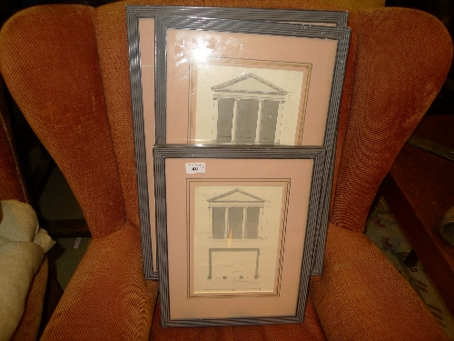 A set of three neo-classical studies of architectural designs and one coloured garden print