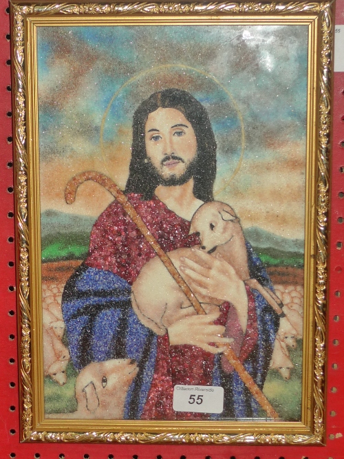 A portrait of Christ holding a lamb, made up of semi precious stones