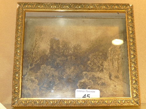 A C19th miniature watercolour tree lined  stream with gilt frame