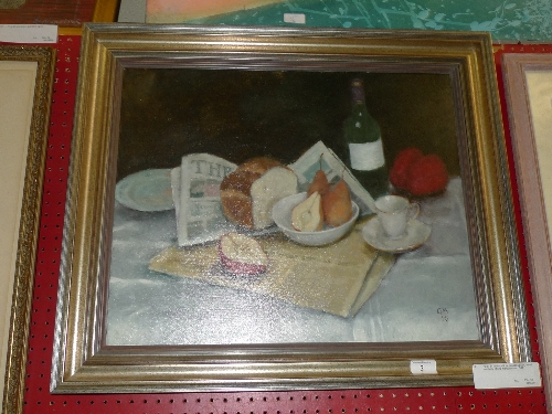 An oil on canvas still life depicting pears, bread and bottle of vino monogrammed G.M.