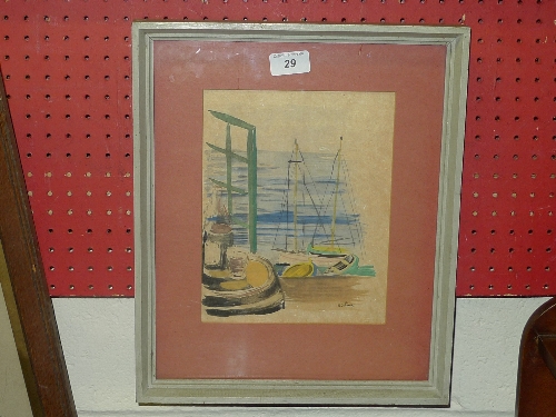 A French print coastal scene signed framed and glazed