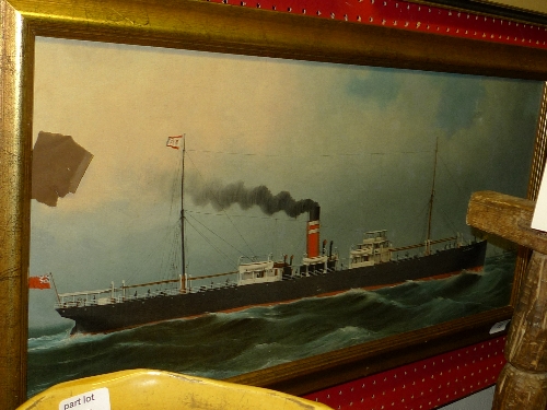 An oil on canvas of a steam liner within gilt frame