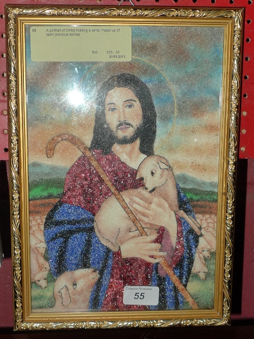 A portrait of Christ holding a lamb, made up of semi precious stones