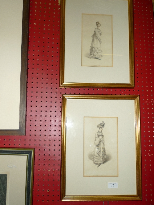 A pair of C19th French fashion prints within gilt frame