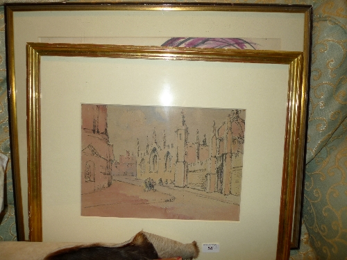 A sepia gouache of a cockerel and a watercolour continental street scene