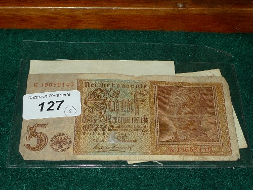 Notaphily - WWII banknotes - German five Reich marks; US military ten cents, five marks, half mark